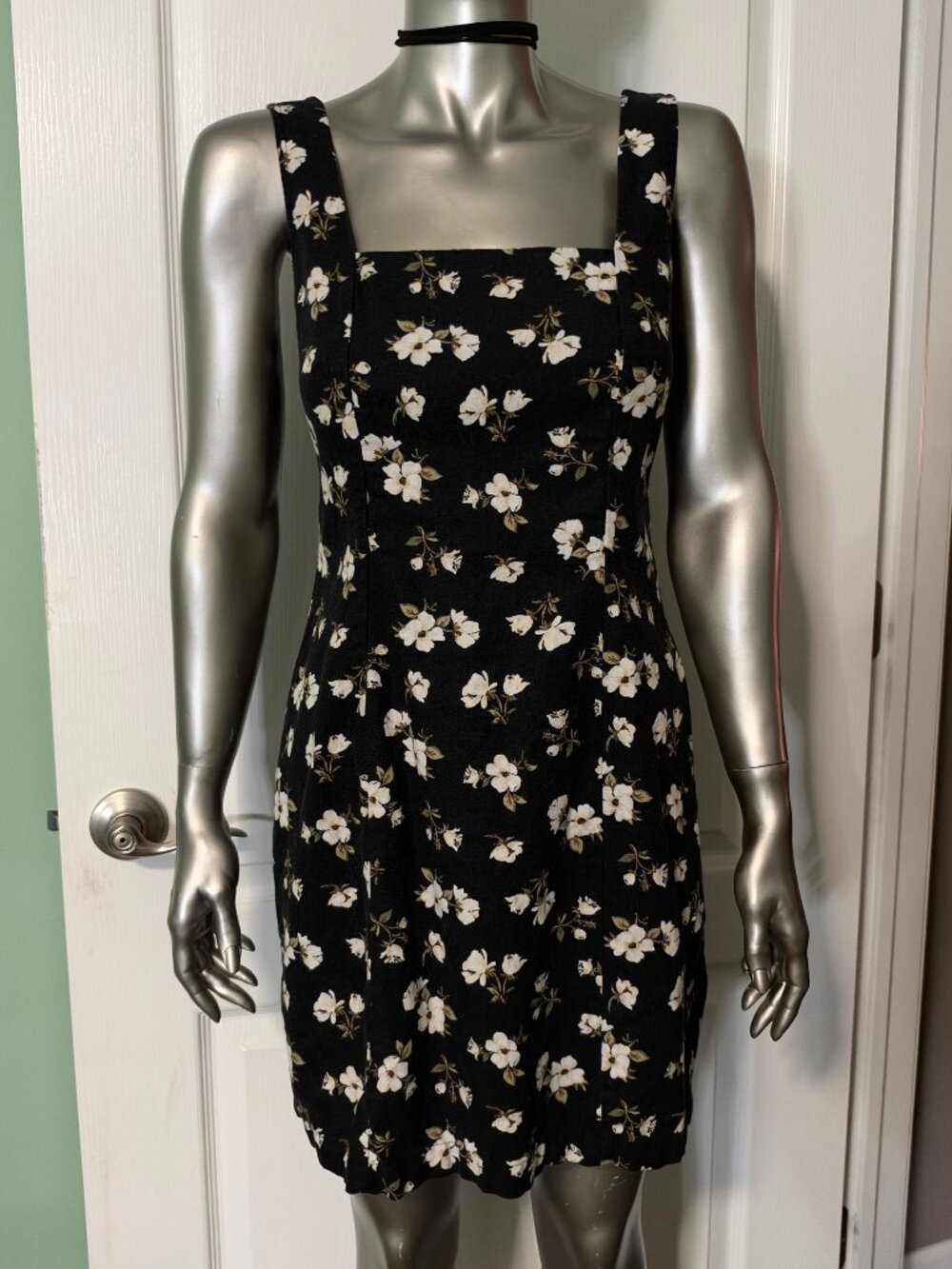 Old Navy black floral Square-Neck Linen-Blend Mini Dress